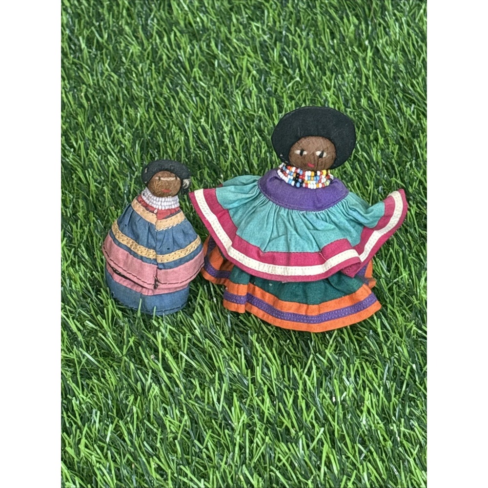 Vintage Handmade Folk Art Dolls Lot‎ of 2 Mini Textile Dolls Colorful Dress